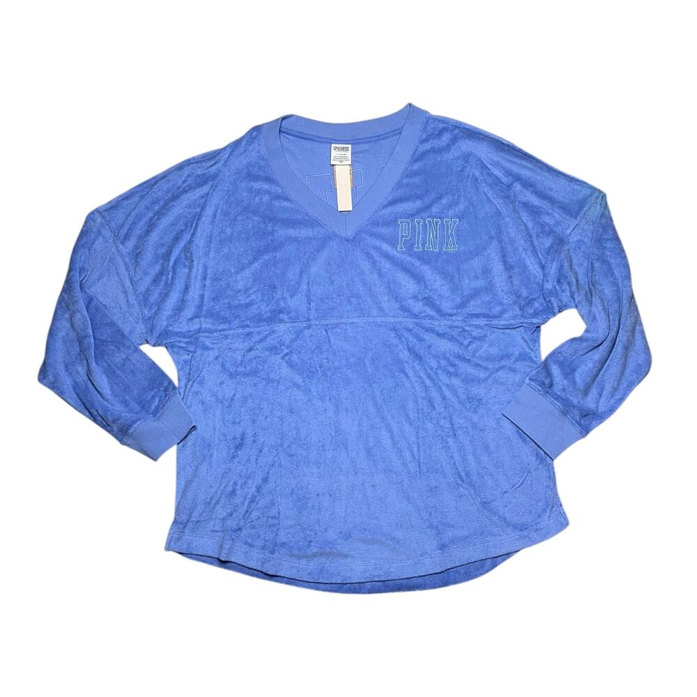 Victoria's Secret PINK Varsity Beach Terry V Neck Top Blue Dawn Size Large